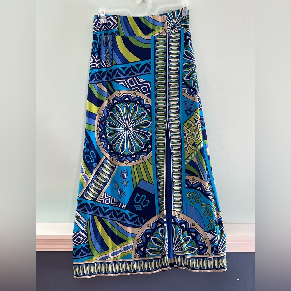 Muse For Boston Proper Blue Green Geometric Print Stretch Maxi Skirt, Size Small